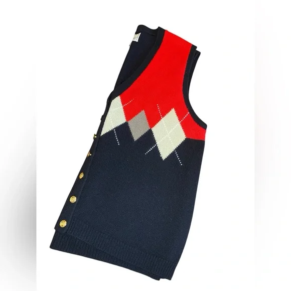 Vintage Chandler Hill Button Up Sweater Vest Argyle Women’s Size L Black Red Tan - Picture 3 of 7